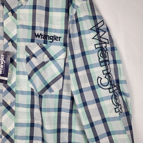 Wrangler Plaid Spellout Shirt Mens XL Tall Blue Green Button Up Western NWT - Picture 15 of 16